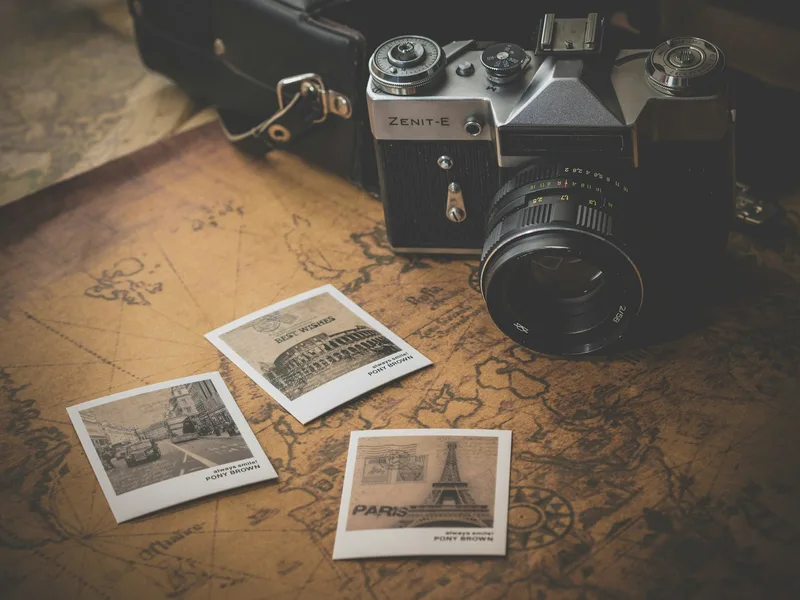 A camera on a wooden table
